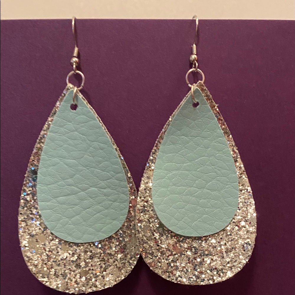Handmade Faux Leather Silver and Blue Earrings
